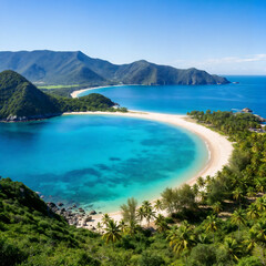 Fototapeta premium A tropical beach with crystal clear blue waters, white sand, and lush vegetation. The background features rolling hills and a clear blue sky.