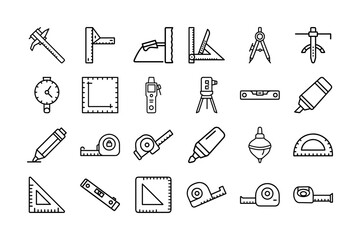 Measuring & Marking Tools Vector Icon Set. Caliper, ruler, compass, protractor, tape measure, level, pencil, and more. For construction and design. Editable stroke. Vector illustration.