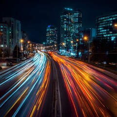 Obraz premium Urban Rush Hour: A captivating view of a city's lively streets at night, illuminated by the luminous trails of vehicle lights, showcasing the relentless energy of urban life.