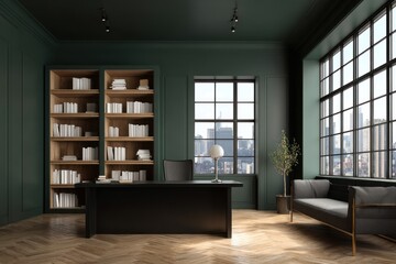 Fototapeta premium Modern dark green office with city view