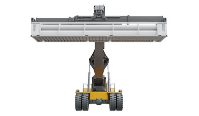 Yellow reach stacker hauling portable high pressure gas container, isolated on a transparent background. Front view. 3D illustration.