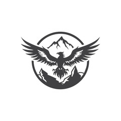 Obraz premium Silhouette of an Eagle Spreading Wings Over Mountains in a Circle bird hawk