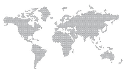 Silver silhouette of the World Map, isolated on transparent background. Global map formed by uniform silver units. 3D illustration