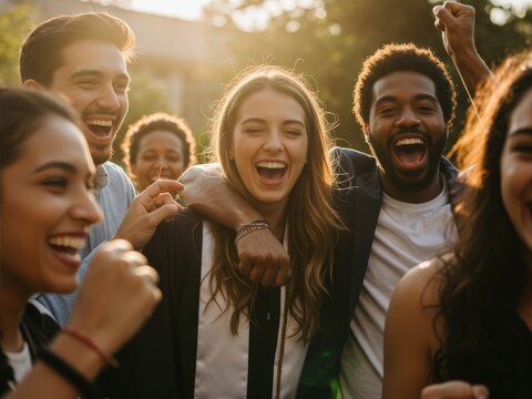 A diverse group of cheerful young graduates and friends laughing joyously outdoors, bathed in warm golden hour sunlight, celebrating their achievement