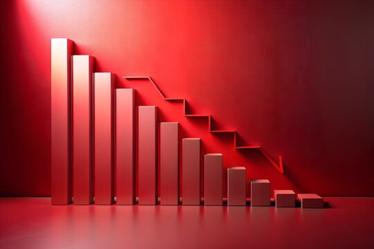 Photo of red bar chart showing a steep decline and downward trend, representing economic recession and financial loss