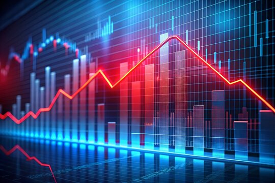 Photo of abstract financial stock market graph with red trend line on blue digital background