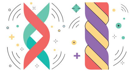 Colorful dna strands with decorative elements on a white background in a minimalist style design