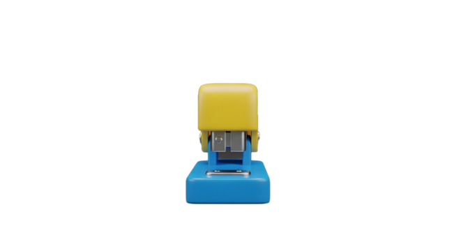 A small blue and yellow stapler on a transparent background