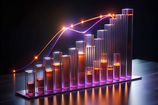 Photo of 3d bar graph with glowing neon line showing upward trend, representing business growth and financial success