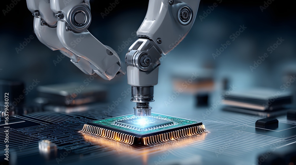 Poster robotic arm installing a microchip onto a circuit board.