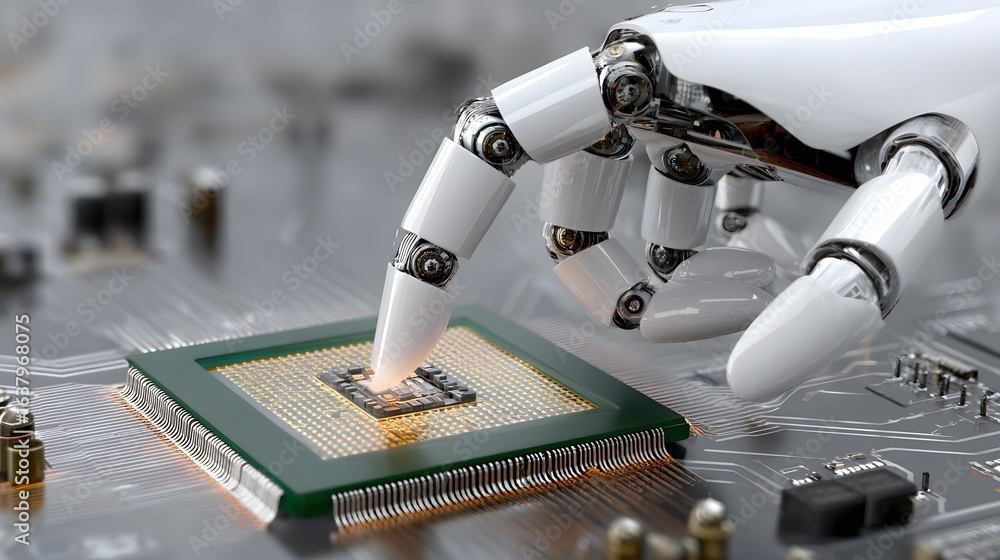 Aufkleber robotic arm places a processor chip on a circuit board.