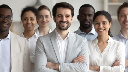 A diverse group of business professionals stands together in a bright, modern office. They exude confidence and teamwork while posing for a photo. The atmosphere reflects success and unity.