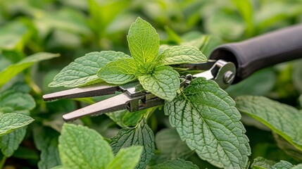 Closeup of Silver Shears Cutting Fresh Green Mint Leaves