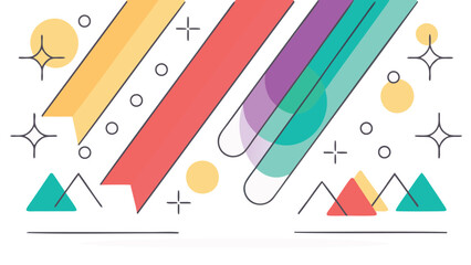 Colorful ribbons and geometric shapes with mountain outlines on a white background design illustration