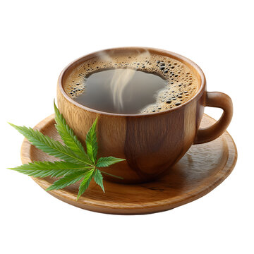 Steaming cup of coffee with cannabis leaf isolated on transparent background