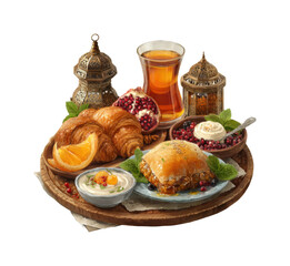 Delightful arabic breakfast spread cozy food home top view, isolated on transparent background, png