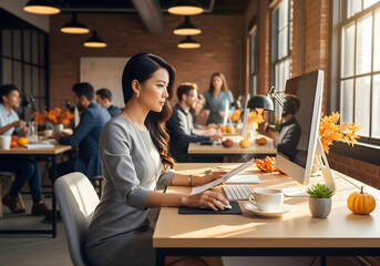 Focused businesswoman working at computer in open plan office with autumn decor