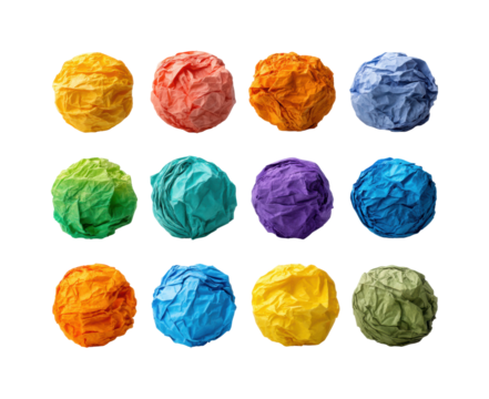 Colorful crumpled paper balls top view, isolated on transparent background, png - Powered by Adobe