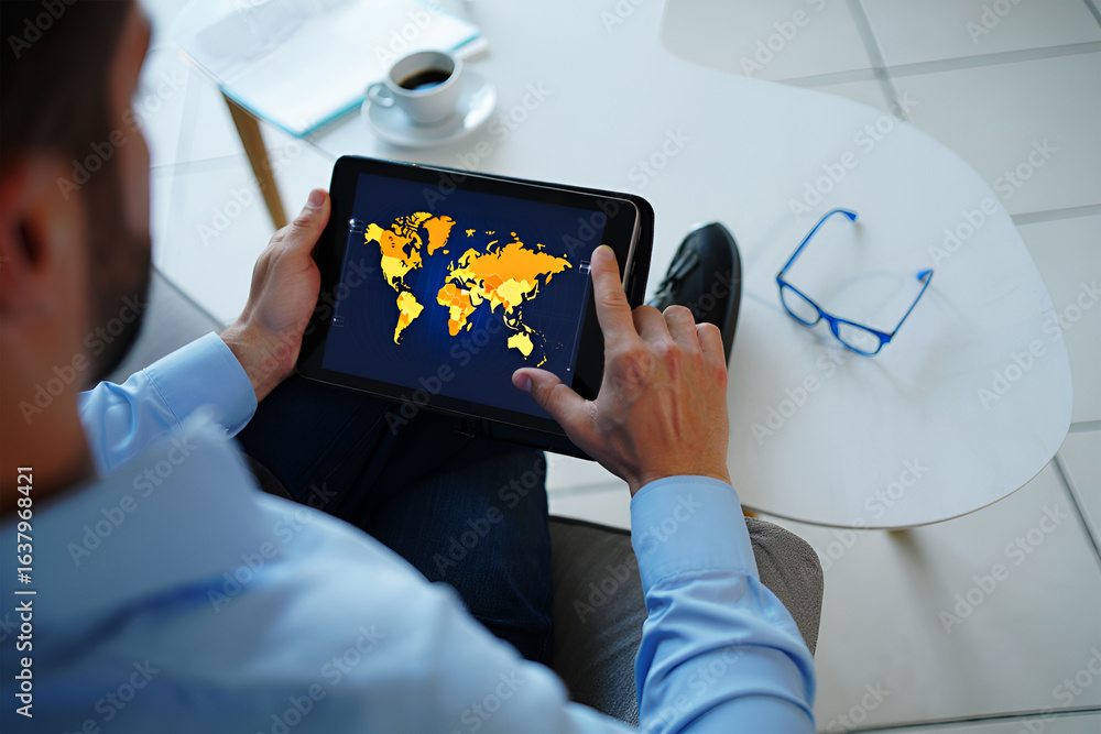 Poster man using tablet displaying world map with orange continents image