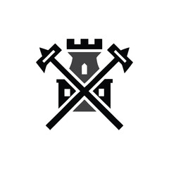 Stylized Emblem of a Castle Tower Flanked by Crossed Hammers logo fortress