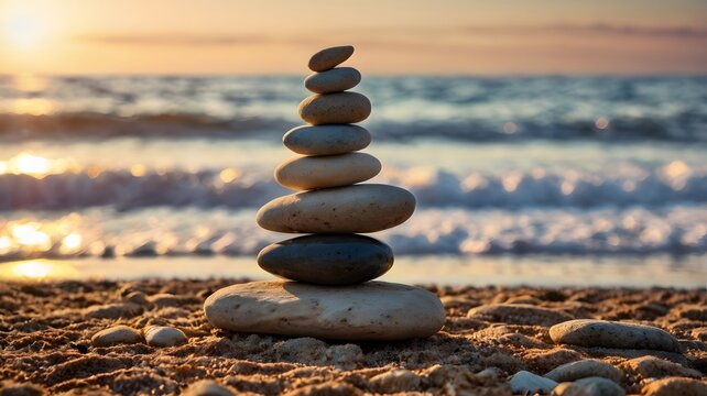 A tranquil cairn of stacked stones on a sandy shore with gentle ocean waves during a golden sunset. Represents balance, mindfulness, and serenity. - Powered by Adobe