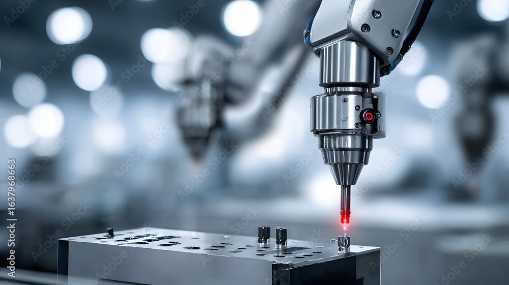 Poster robotic arm precisely positioning a tool in a manufacturing setting.
