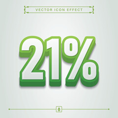21 Percent 3D Eco Green Icon with Modern Realistic Vector Effect for Ecology and Nature, 21% Sign, Twenty One Percent 3D Symbol