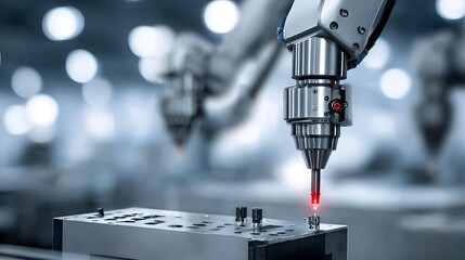 Robotic arm precisely positioning a tool in a manufacturing setting.
