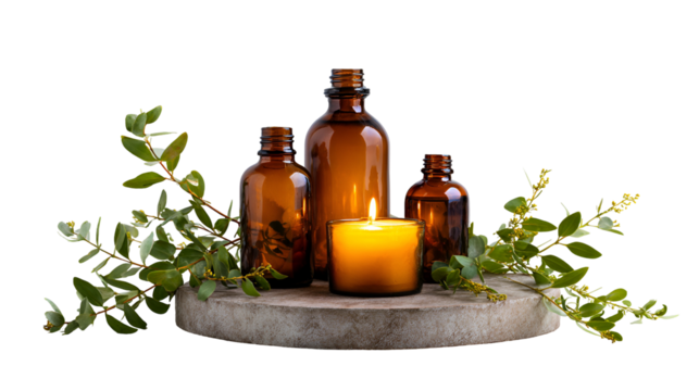 Amber glass bottles and glowing candle with eucalyptus leaves isolated on transparent background