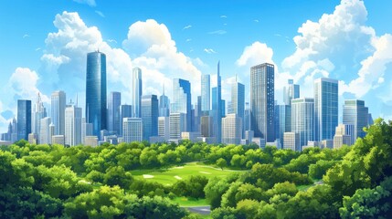 Fototapeta premium Lush green park before modern city skyline under a bright blue sky.