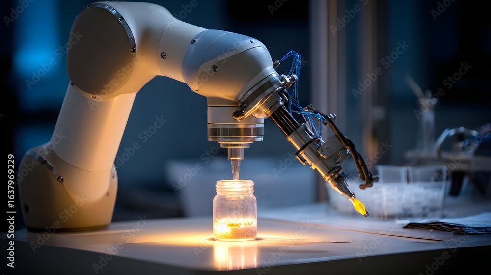 Poster robotic arm precisely placing a material into a container.