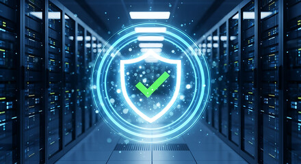 Futuristic Cybersecurity Shield in Server Room