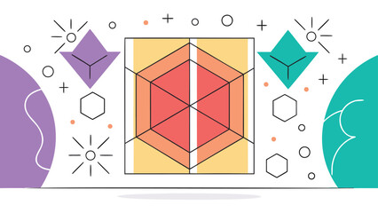 Colorful abstract geometric design with central hexagon and diamond shapes on a white background