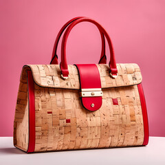 Beige Cork Handbag with Red Accents on Pink Background 