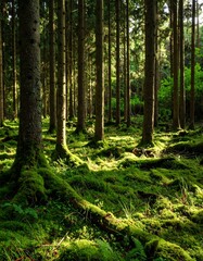 Sun-dappled forest floor, lush moss, tall trees