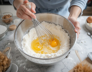 Mixing eggs into flour for baking