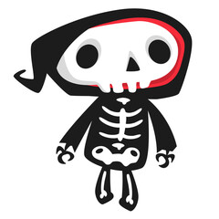 Funny cartoon grim reaper character design in black cape hood. Halloween illustration for party decoration or package. Isolated