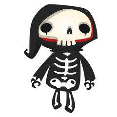 Funny cartoon grim reaper character design in black cape hood. Halloween illustration for party decoration or package. Isolated