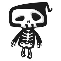 Funny cartoon grim reaper character design in black cape hood. Halloween illustration for party decoration or package. Isolated