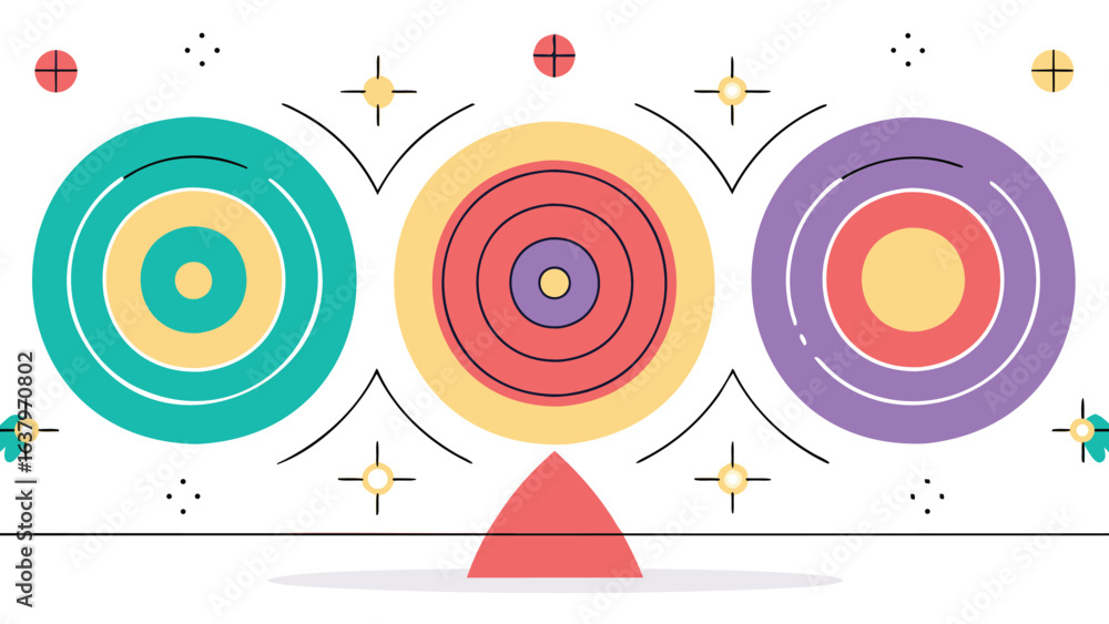 Aufkleber three colorful concentric circles balanced on a red triangle with decorative elements around it