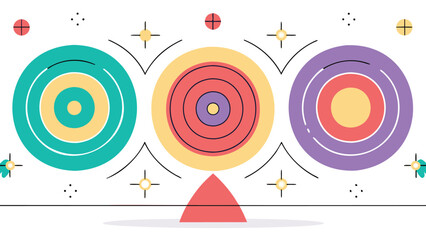 Three colorful concentric circles balanced on a red triangle with decorative elements around it