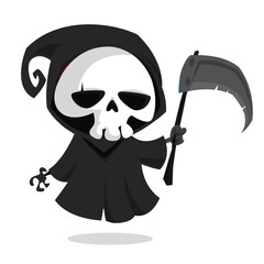 Funny cartoon grim reaper character design in black cape hood. Halloween illustration for party decoration or package. Isolated