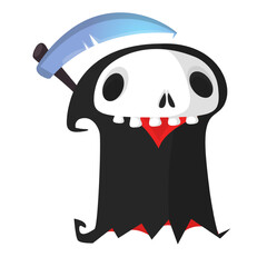 Fototapeta premium Funny cartoon grim reaper character design in black cape hood. Halloween illustration for party decoration or package. Isolated