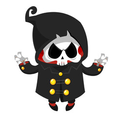 Funny cartoon grim reaper character design in black cape hood. Halloween illustration for party decoration or package. Isolated