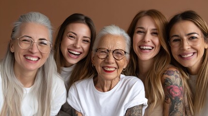 Fototapeta premium In a cozy indoor setting, six women, spanning different generations, gather together with bright smiles, sharing laughter and celebrating their bond. The atmosphere is warm and inviting.