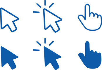 Simple Blue Mouse Cursor and Hand Icons on White Background