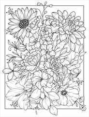 Fototapeta premium Flower Coloring Page for adults. Adult coloring page with flowers. Floral Coloring book page design. Flower Pattern for coloring. Outline Flowers Background. Black and Whit Flowers. Floral Background