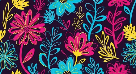 Colorful floral pattern with pink yellow and blue flowers on a dark background