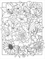 Flower Coloring Page for adults. Adult coloring page with flowers. Floral Coloring book page design. Flower Pattern for coloring. Outline Flowers Background. Black and Whit Flowers. Floral Background