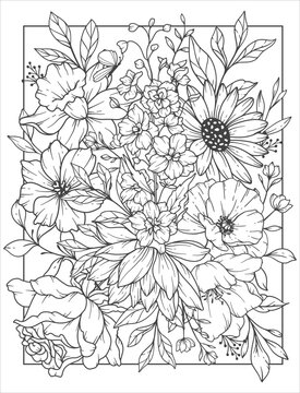 Flower Coloring Page for adults. Adult coloring page with flowers. Floral Coloring book page design. Flower Pattern for coloring. Outline Flowers Background. Black and Whit Flowers. Floral Background